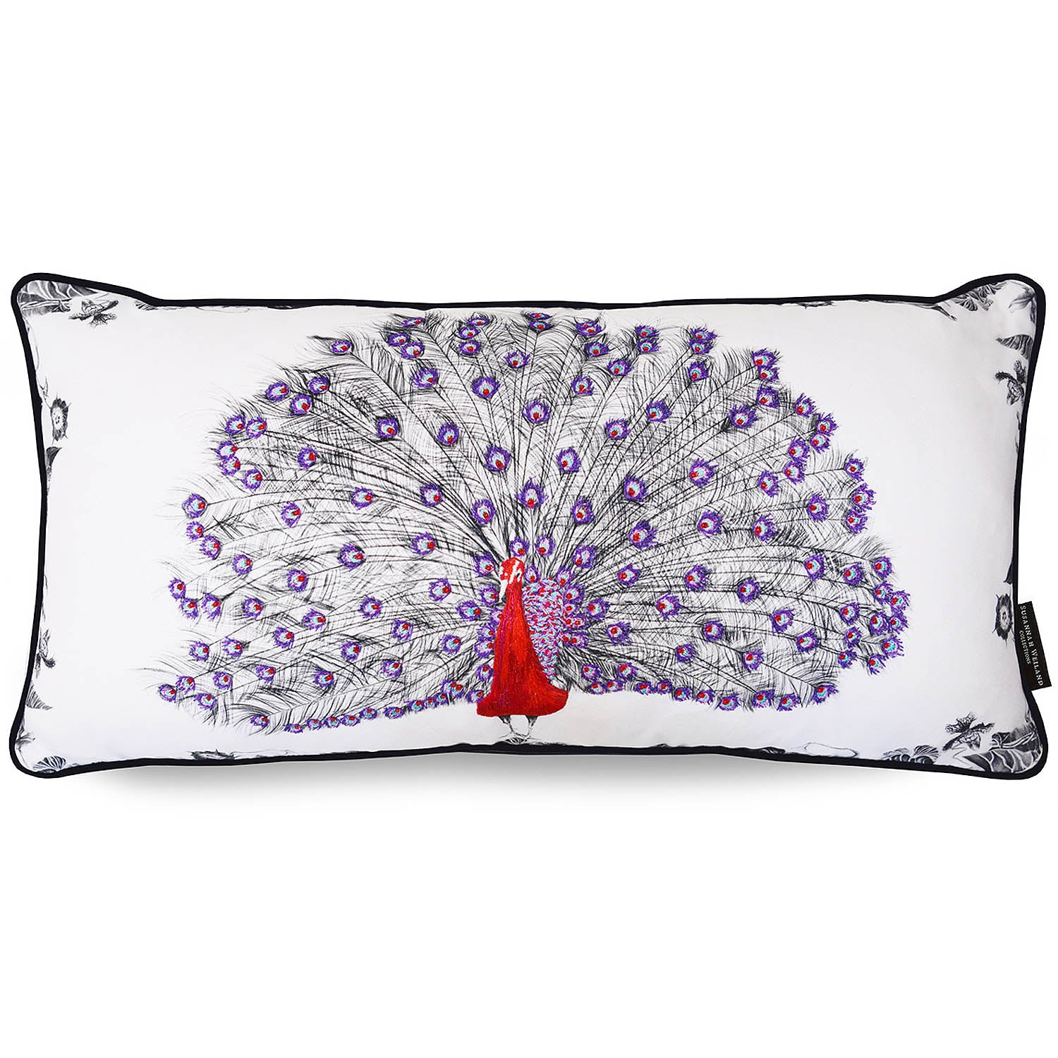 Rectangle purple hand embroidered peacock cushion.