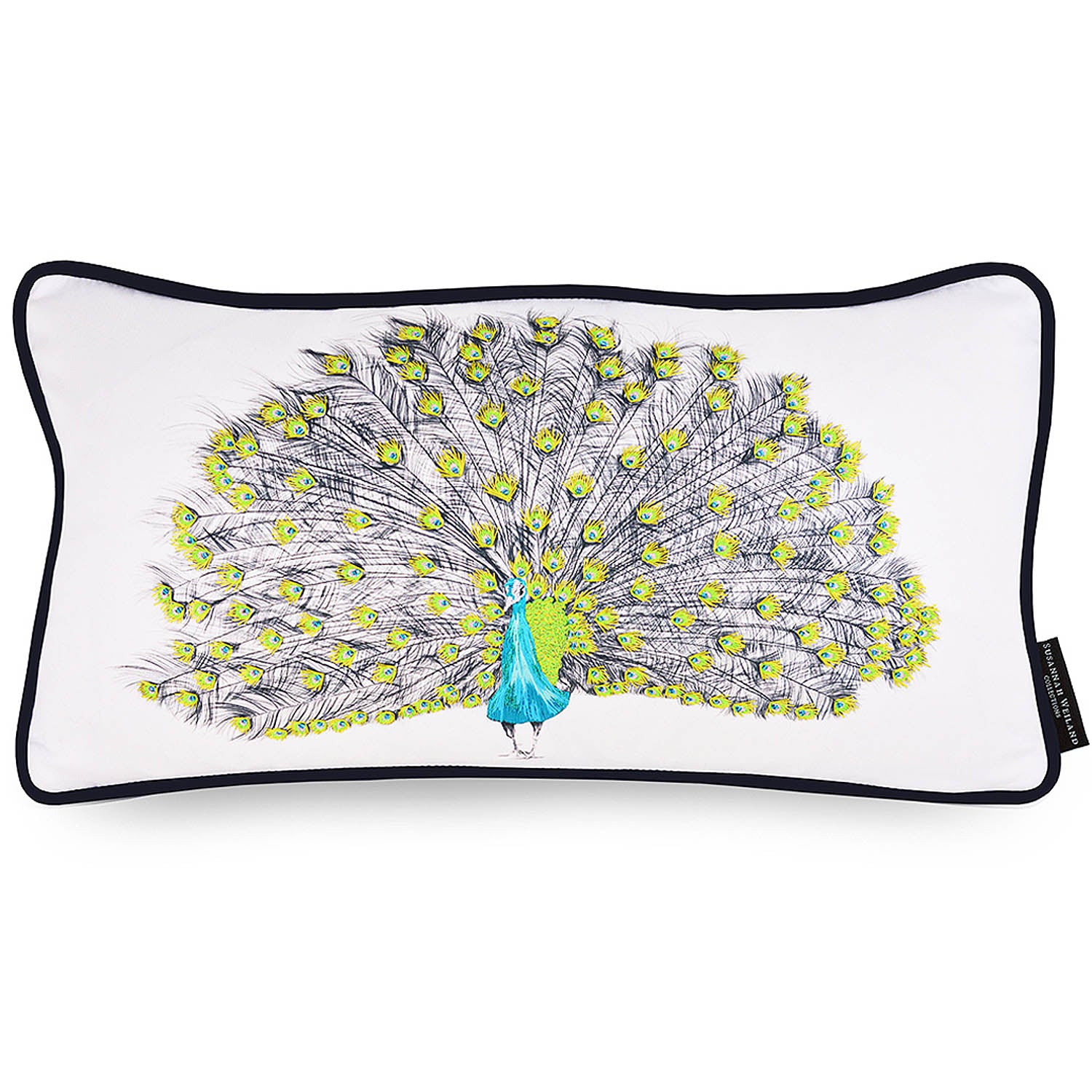 Rectangle lime hand embroidered peacock cushion.