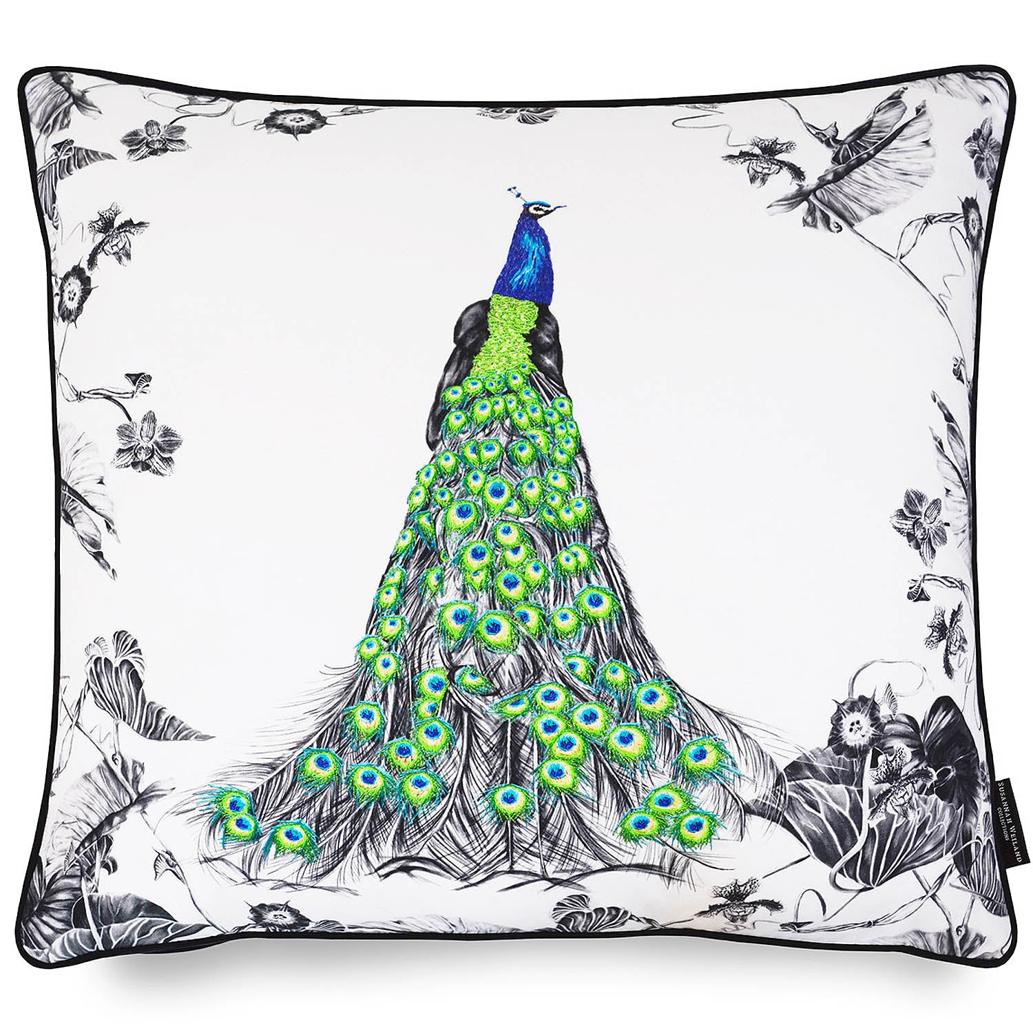 Square hand embroidered peacock cushion.