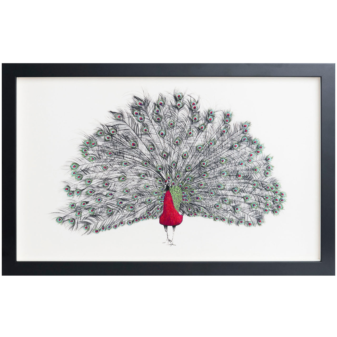 Peacock hand embroidered artwork framed.